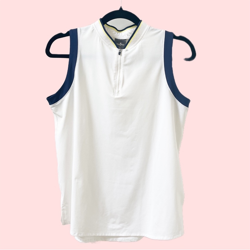 Belyn Key Sabrina Sleeveless White Polo Tank with Navy Trim